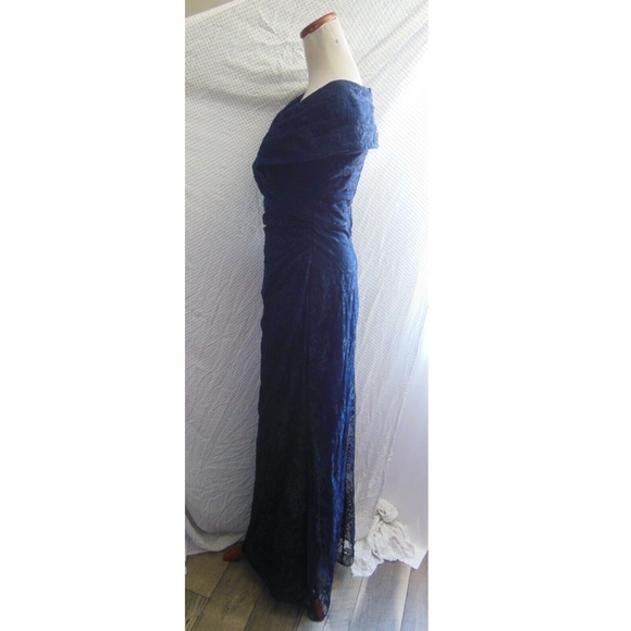 NEW LA FEMME Navy PORTRAIT NECK Ruched Waist SPARKLE LACE Trumpet EVENING GOWN 8 - Picture 13 of 16
